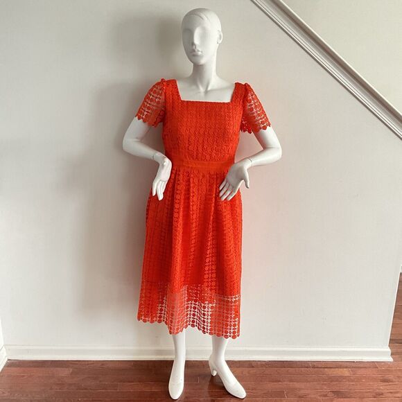 Talbots Lace Square Neck Fit & Flare Dress In Bright Tangerine 10 - Picture 9 of 9